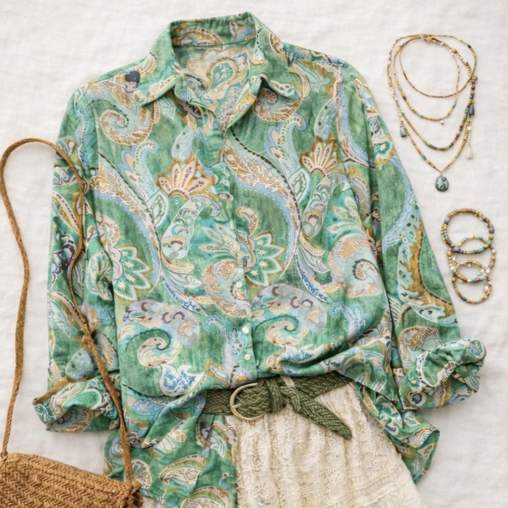 Haver London Emerald Paisley Satin Feel Button Boho Roll Tab Oversize XS